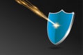 Blue shield reflects lightning strike. Security shield on transparent background with shadow, rays and lights. Vector